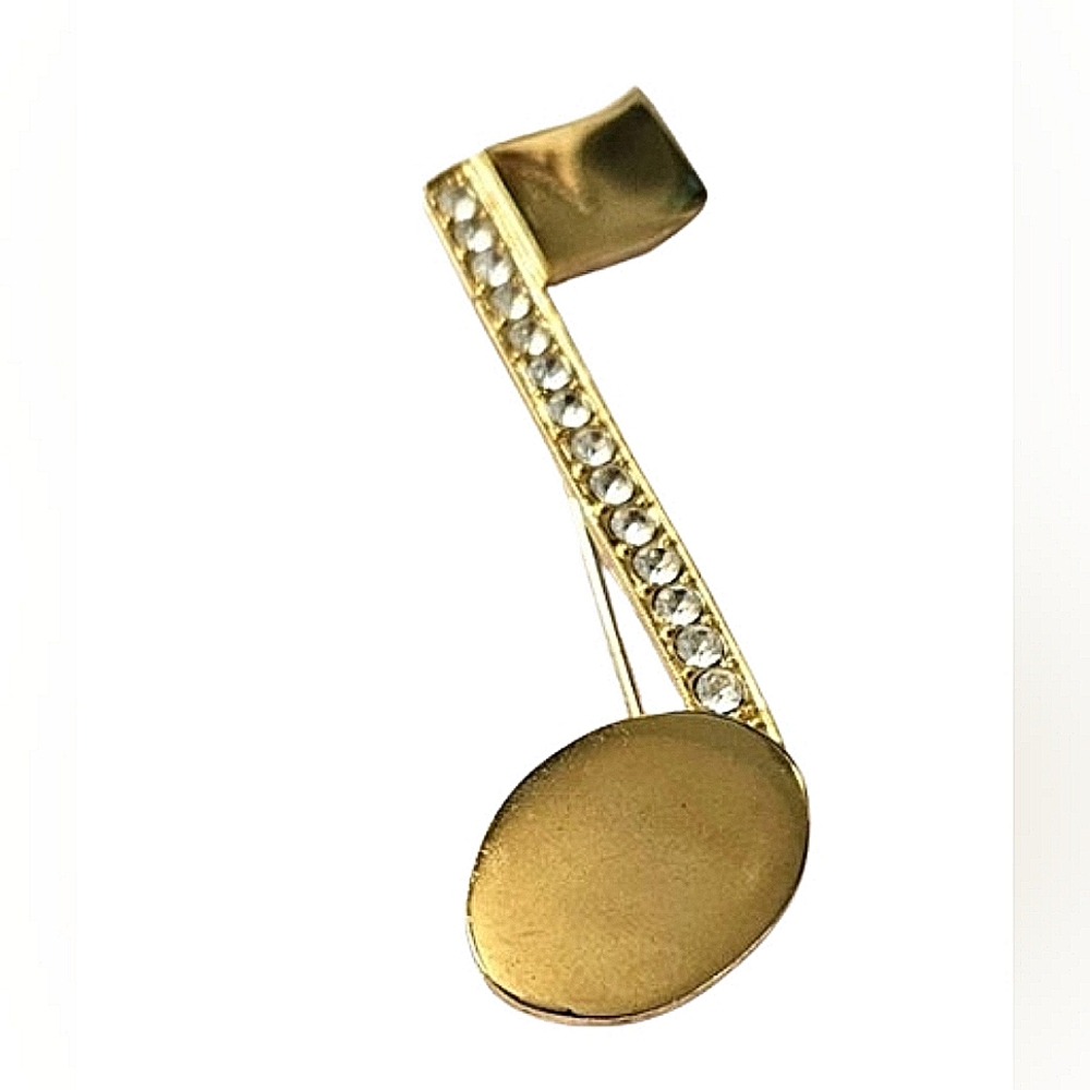 Vintage JJ  Gold, Rhinestone, Music Note, Stamped Brooch